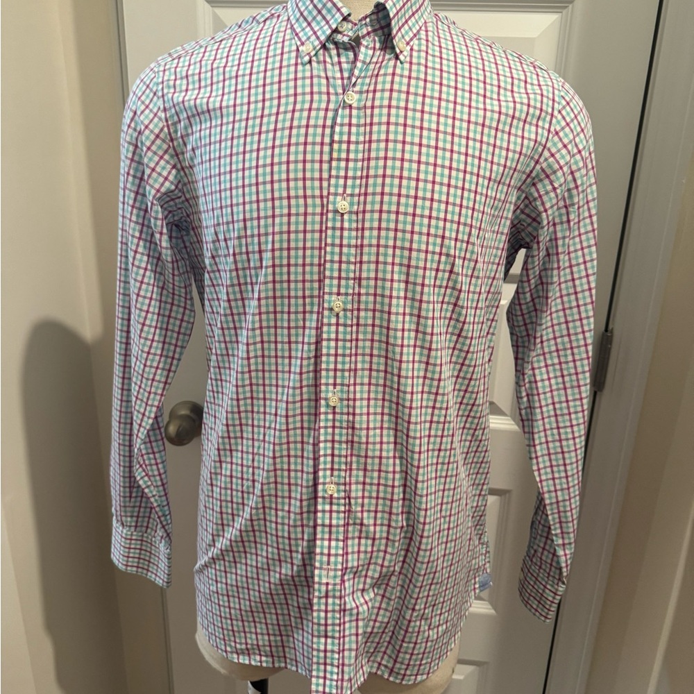 Massimo Dutti Men’s Checkered Shirt - Magenta and Turquoise Size Medium